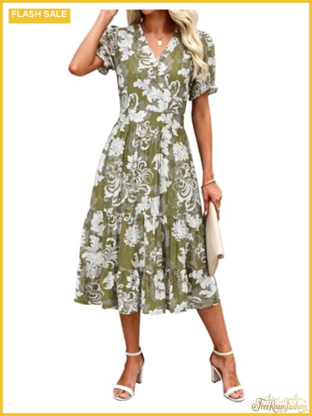 Midi Dress V Neck Puffy Short Sleeve Flowy Casual Vacation Beach Sundress with